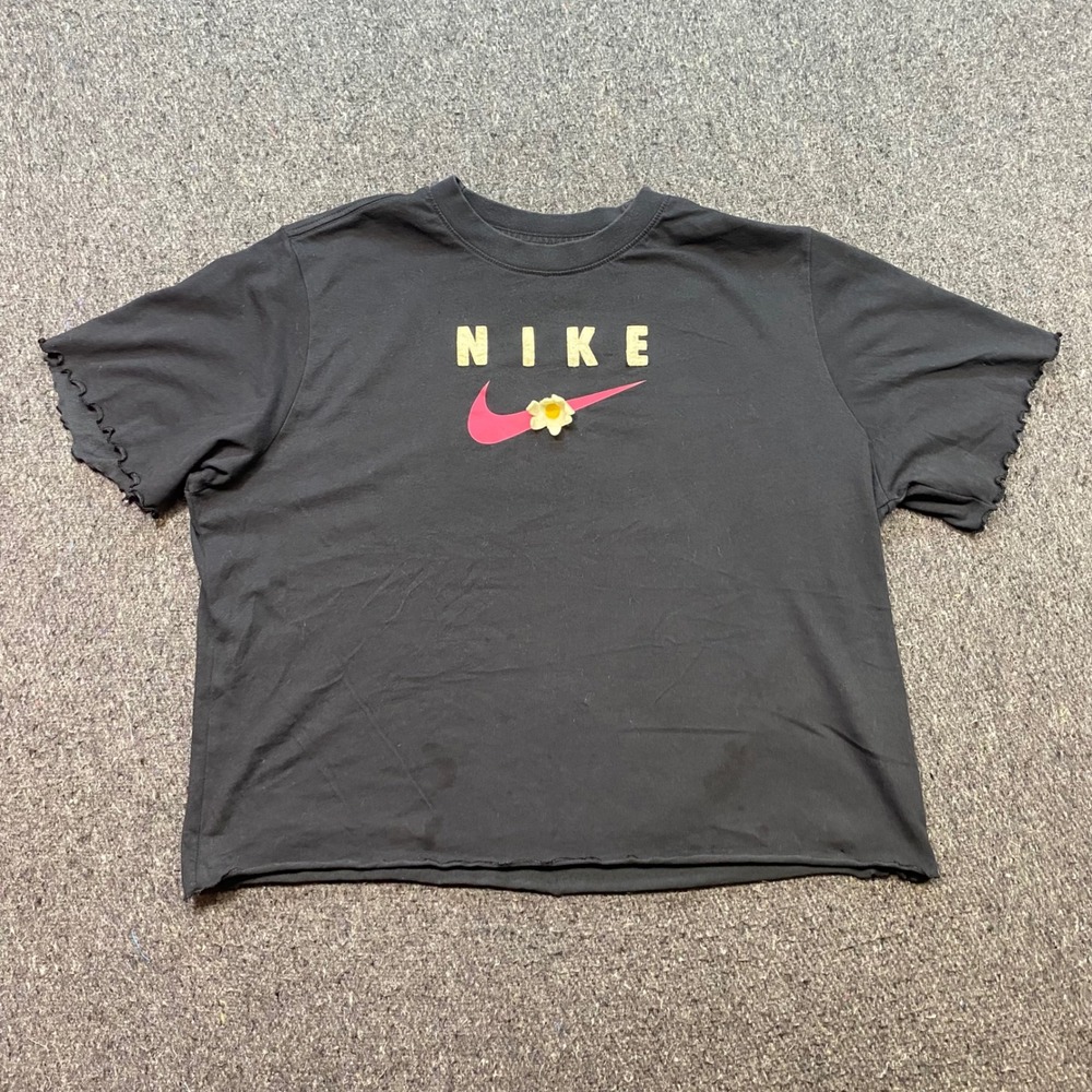 Nike TShirt Sz XL Womens Black Streetwear Pink Swoosh Daisy Lettuce Trim Raw Hem